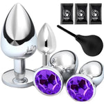 5Pcs Anal Plug Training Set-Four Crystal Jewel Anal Plugs Wide Base Prevents Slippage-Metal Anal Sex Adult Toy, 1Enema,Sex Toy Anal Training Kit For Beginner Adult Unisex Women And Men Couple(Silver)