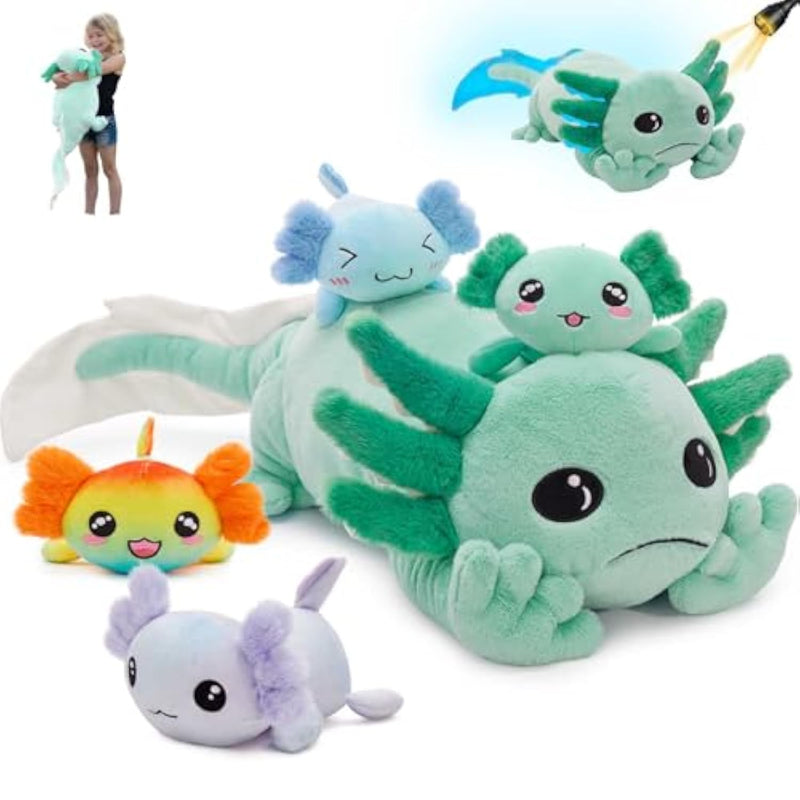 Giant Axolotl Plush Stuffed Animal With 4 Babies Inside, 31.5" Glow In The Dark Axolotl Pillow For Girl Boy Kid, Soft Long Salamander Plushies Toy For Birthday Party Gifts, Green