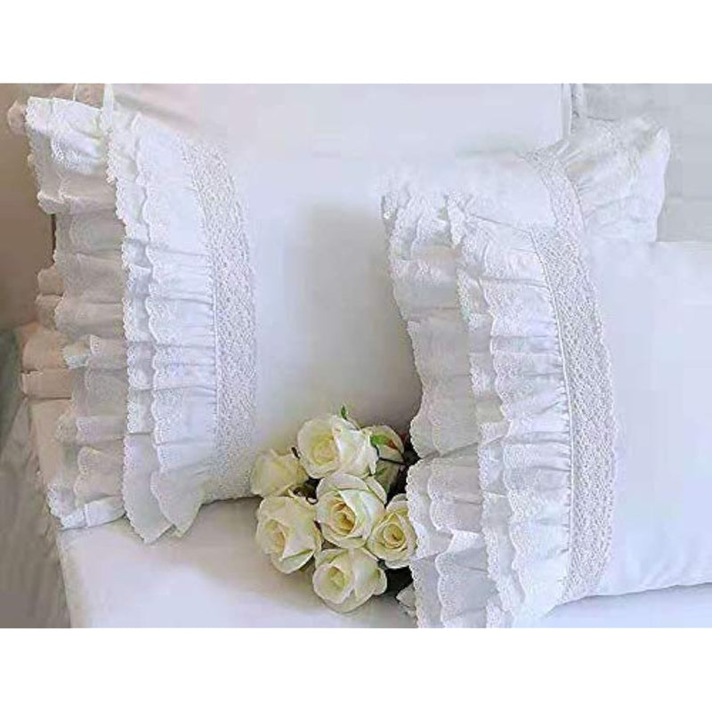 2-Pack White Pillow Shams Shabby Chic Pillowcases With Lace Ruffles Vintage Pi