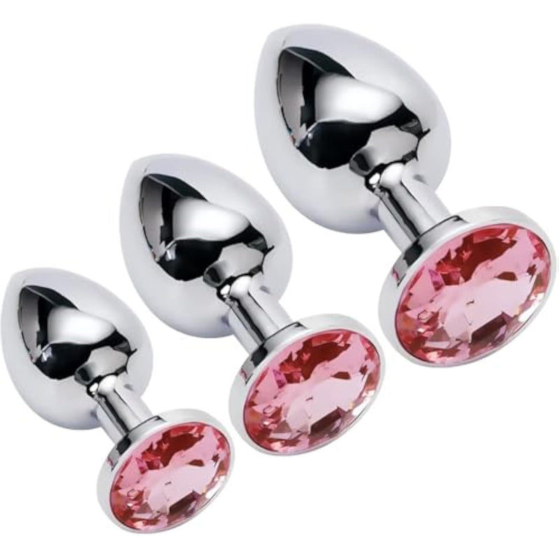Butt Anal Plug Trainer Kits, 3Pcs Metal Butt Anal Plugs Massage Anal Trainer Toys For Couple Games, 3 Sizes With Pink Crystal Jewels