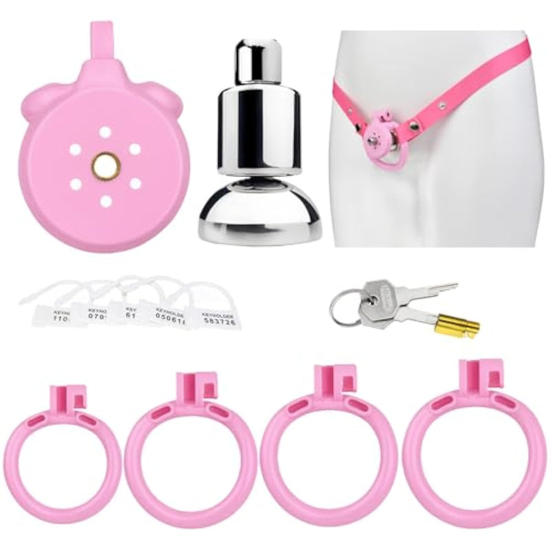 Flat Chastity Cage With Penis Ring, Urinal Holder And Elasticated Belt 3D Resin Cock Cage Chastity Devices Sm Restraints & Bondage Sex Toys For Mens (Pink+Belt)