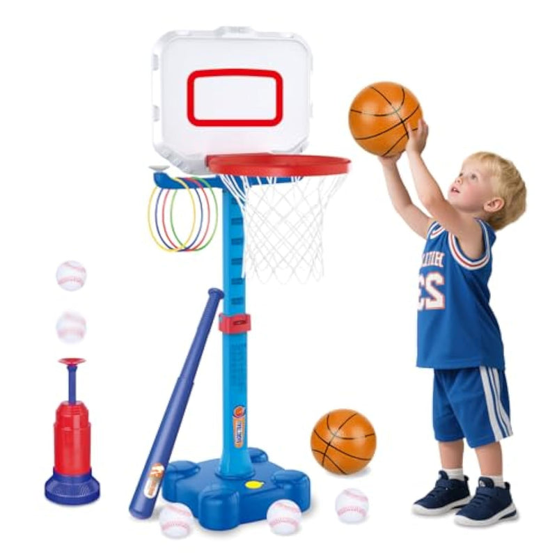 Toddler Basketball Hoop & Baseball Toy Set - Sturdy Adjustable Basketball Stand With Ball Launcher - Multi-Sport Backyard Toy For Boys & Girls Ages 1 2 3 - Includes Basketballs & Baseballs
