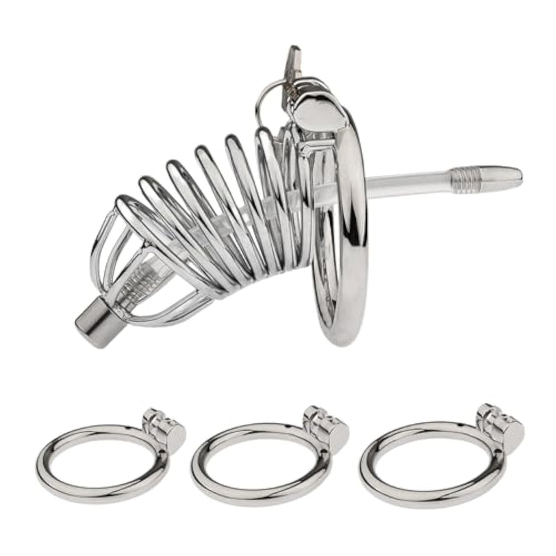 Stainless Steel Chastity Cage For Men With Hidden Lock And 3 Ring Sizes Cock Lock Chastity Device With 145Mm Silicone Tube Sm Bondage Sex Toys (3-Rings+Dilator)
