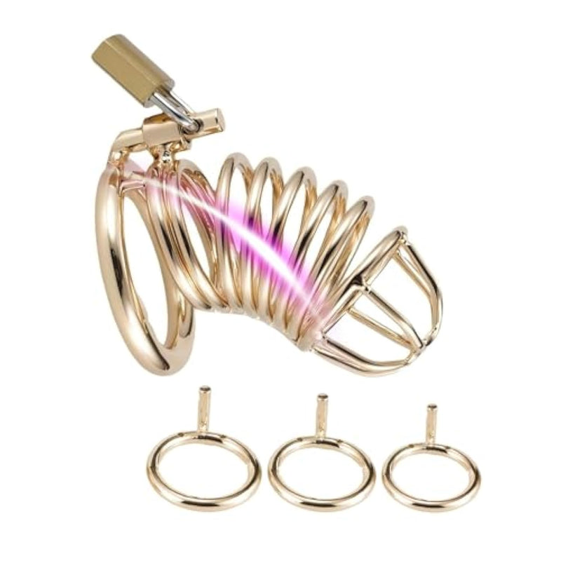 Penis Cage Sm Sex Toys Metal Cock Cages With 3 Different Sized Rings Male Chasity Devices With Padlock And 2 Keys For Penises Training And Abstinence Bondage Gear (Golden)