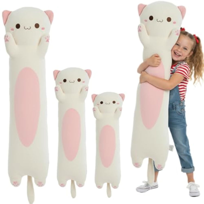 Long Cat Plush Toy – Ultra Soft Cat Plush Pillow Stuffed Animal For Kids & Adults, Kawaii Kitty Body Pillow, Cute Plushie Gift For Kids Girlfriend (Cream, Round Eyes, 60Cm/23.62Inch)