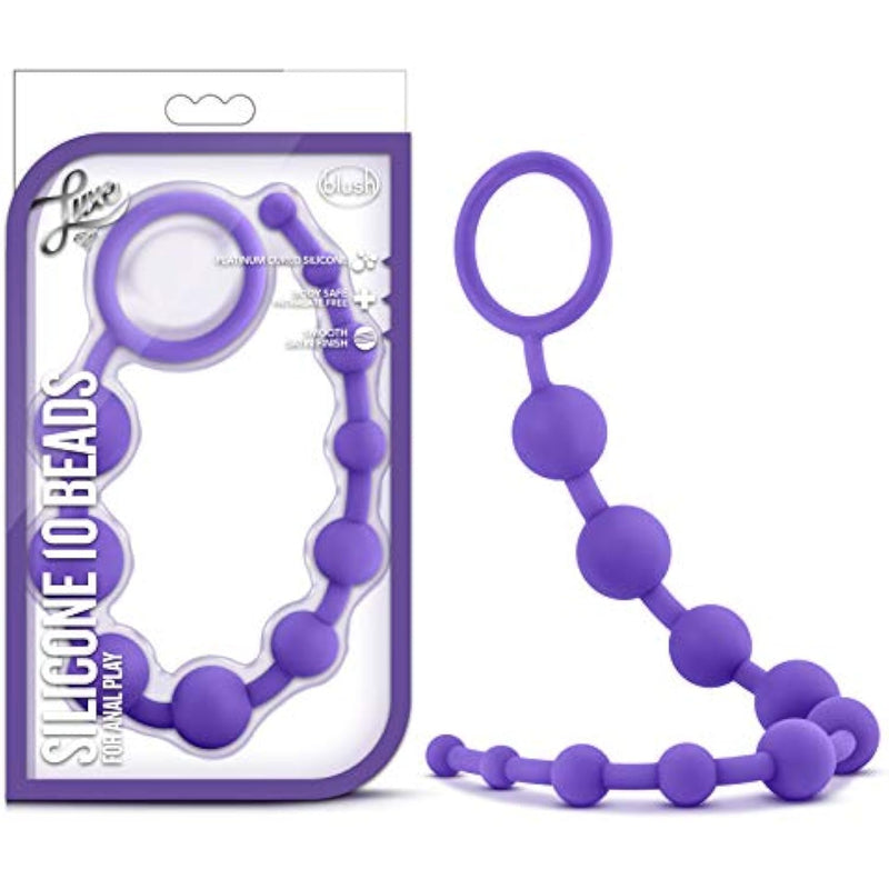Luxe Silicone 10 Anal Beads - Silky Smooth Ultrasilk - Puria Platinum Silicone - 12.5" Long Beginner Anal Plug With Sturdy Handle - Anal Training Sex Toy For Men Women Couples - Purple