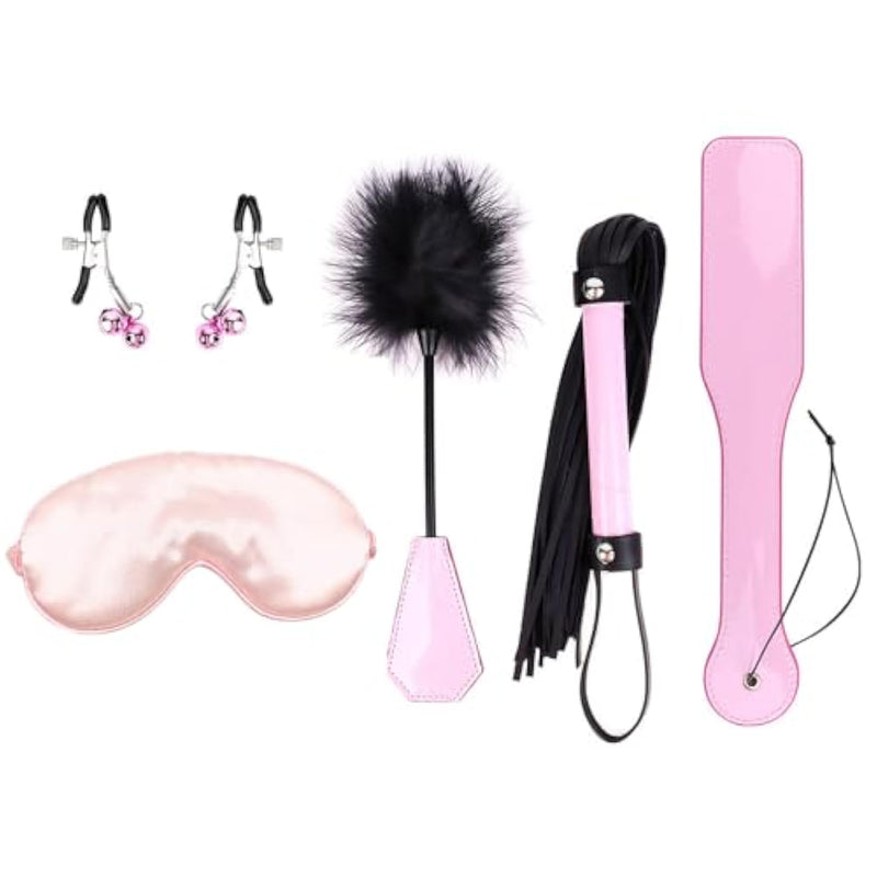 5Pcs Sex Whip Set With Spanking Paddle Leather Whip Feather Tickle And Bell Clips Satin Blindfold For Sm Games
