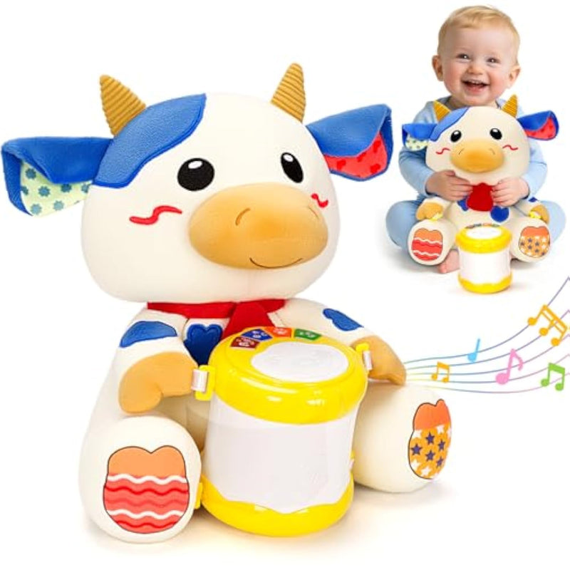 Stuffed Cow Musical Toys For Baby 6-12 Months+, Early Learning Light Up Music Drum, Perfect Christmas Birthday Gifts For Boy & Girl Age 1, 2 Years Old