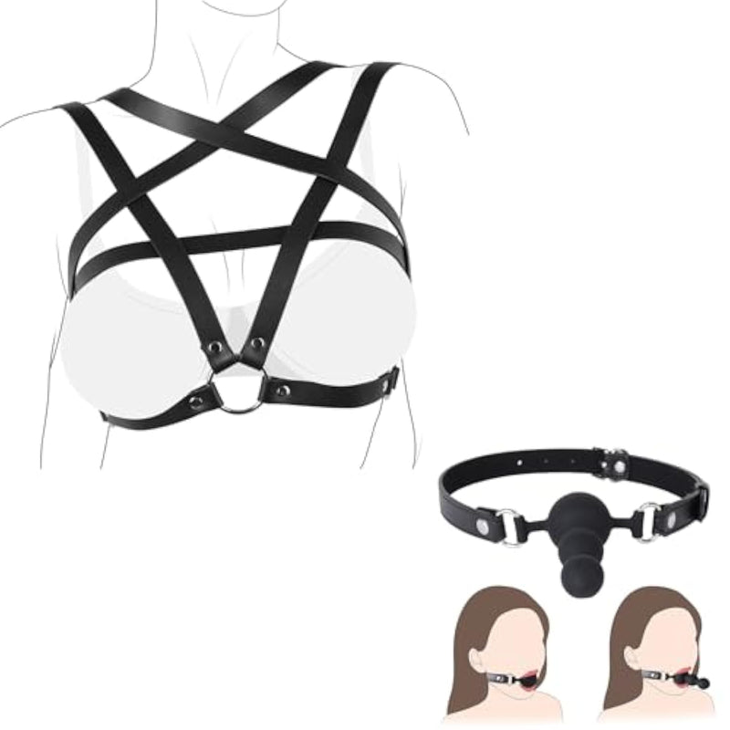 Bdsm Ball Gag Silicone Mouth Gag, With Pentagram Chest Bondage Harness Sex Toys Women