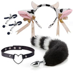 4 Pcs Set Fun Cow Sheep Antelope Rabbit Sexy Maid Tie Ear Hairpin Sm Metal Tail Anal Plug. Cosplay Neck Chest Bondage Accessories Sex Toy For Women Female Men Male Unisex (Rabbit Grey)