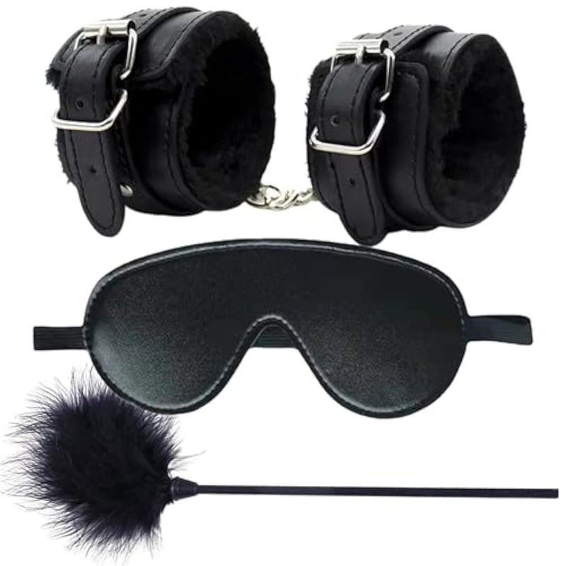 Fuzzy Handcuffs Set – Handcuffs For Grownups Bedroom, Sexy Handcuffs, Sex Restraint With Soft Sex Feather And Sex Blindfold – Intimate Bondage Kit For Couples & Romantic Date Night Fun
