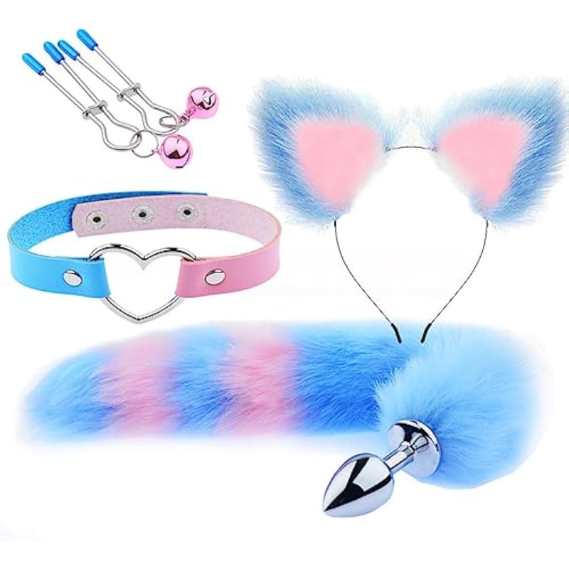 Fox Animal Costume Set Cat Ear Headband Bunny Fox Tail Furry Anal Plug Leather Choker Heart Necklace Bell Nipple Breast Clamp Clip Valentines Day Cosplay