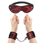 Red Faux Fur Lined Handcuff Set for Adult Bondage Play, Soft Blindfold Included