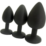 Elite 3Pcs Silicone Jeweled Anal Butt Plugs Anal Trainer Set, Black Sil With Clear Gem