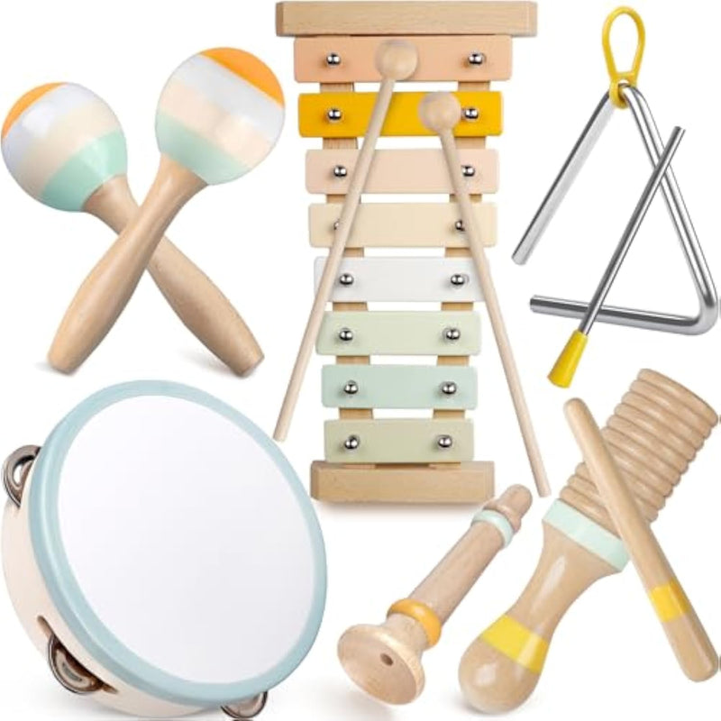 Baby Musical Instruments - Neutral Colors Musical Toys For Toddlers 1-3, Montessori Wooden Percussion Instruments Set With Modern Boho Xylophone Tambourine, Kids Preschool Educational Birthday Gifts