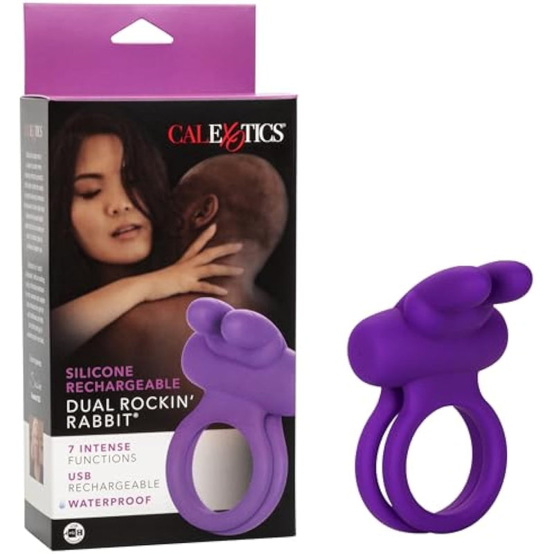 Silicone Rechargeable Dual Rockin’ Rabbit Enhancer, Vibrating Cock Ring For Couple Adult Sex Toy Purple Se-1843-20-3