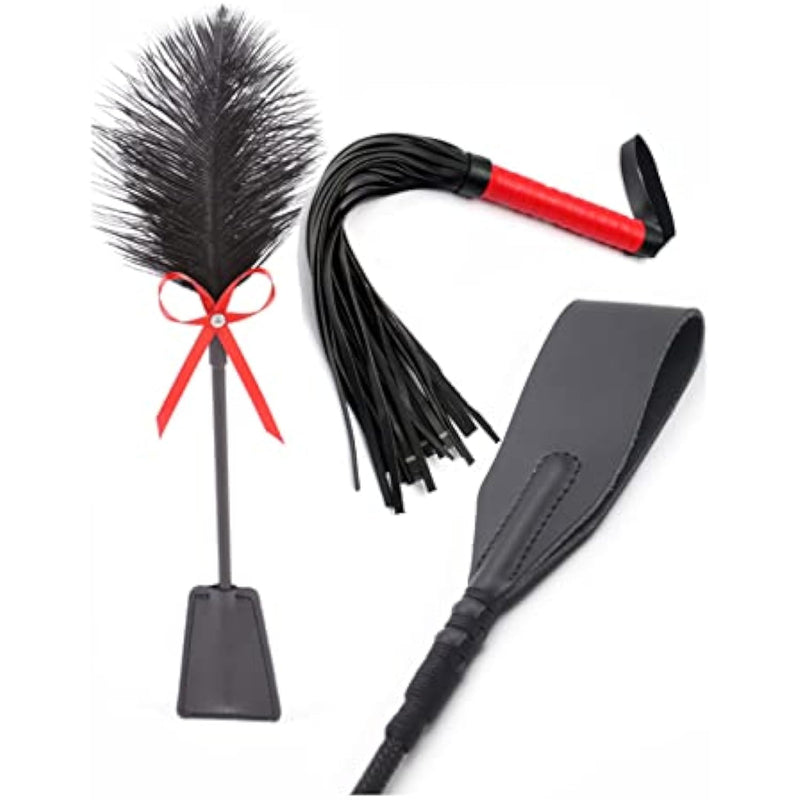 Crop Whip Set 18" Riding Crop 22" Whip Red 20" Feather Tickler - Faux Leather Horse Riding Whip - Equestrian Horse Whips - Whip And Crop Set