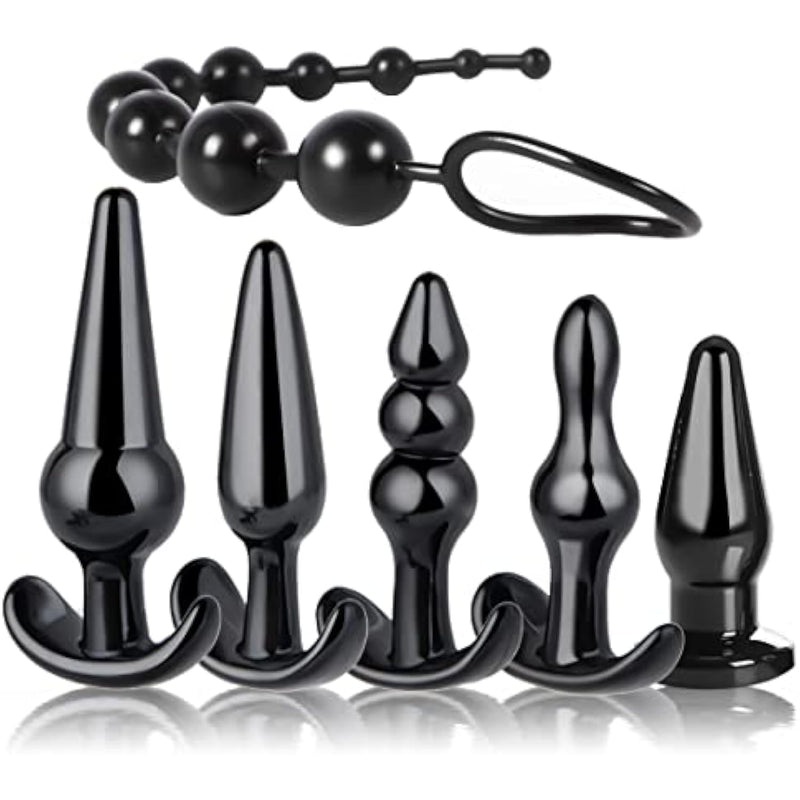 Newly Anal Butt Plug Waterproof Silicone Anales Trainer Set Plug For Women And Men Anal, With Beads Plug Kit, Pack Of 6 Anal Plugs-Black-2