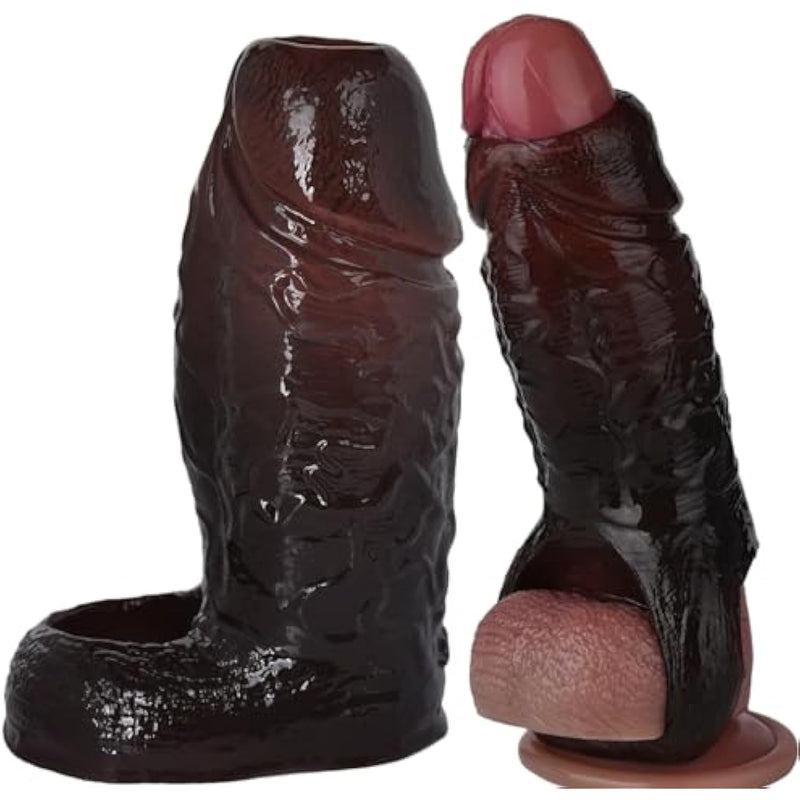 Realistic Men Penis Sleeve With Cock Ring Penis Enlarger Sleeve Men Sex Tool, Silicone Penis Enlargement Sleeve Small Penis Sheath Male Adult Sex Toy (Brown)