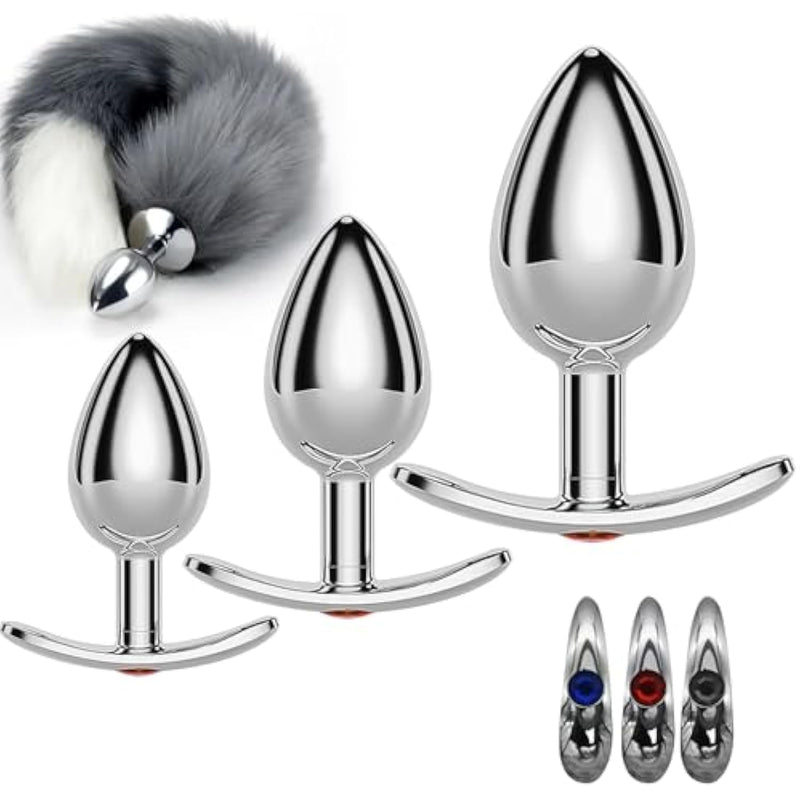 Anal Plug With Fox Tail For Cosplay Jewelry Anal Trainer Kit For Adult 3Pcs Replaceable Stainless Steel Anal Plugs For Beginners Couple Women Men