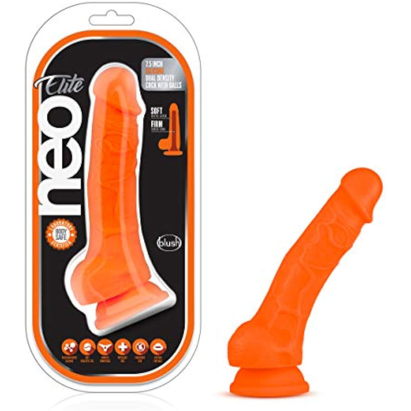 Neo Elite Platinum Cured Purio Adult Sex Toy - 7.5 Inch Sensa Feel Ultra Soft Dual Density Dildo Ultrasilk Smooth - Suction Cup For Hands Free Play, Women Men Couples - Neon Orange