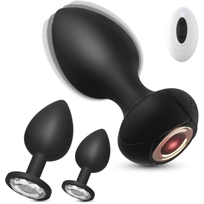 Anal Plug Sex Toys Vibrator 3Pcs Silicone Anal Toys Butt Plug Training Kit With Remote Control 10 Frequency Vibration, Removable Diamond Anal Plug And Prostate Massager, Black