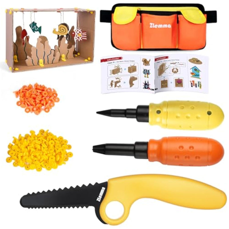 Cardboard Construction Tools Kit 124-Pieces With Waist Bag, Safety Ring Saw, Screwdriver, Waist Bag And Gift Box – Safe Diy Construction Kit For Children’S Creative Building & Crafting