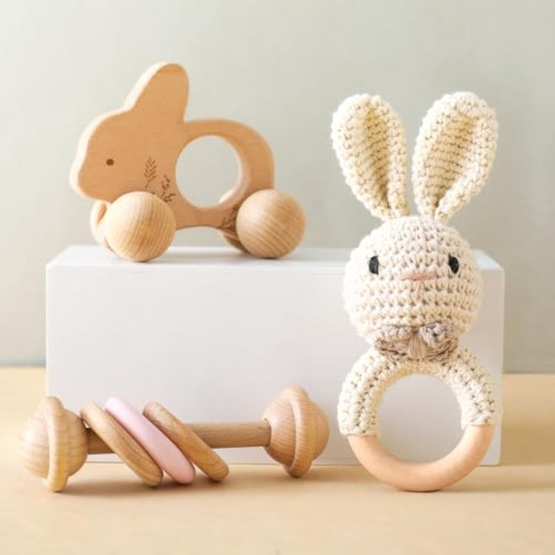 Wooden Baby Rattle 3 Pcs Push Car Rattle Set Crochet Rattle Ring Wooden Mon