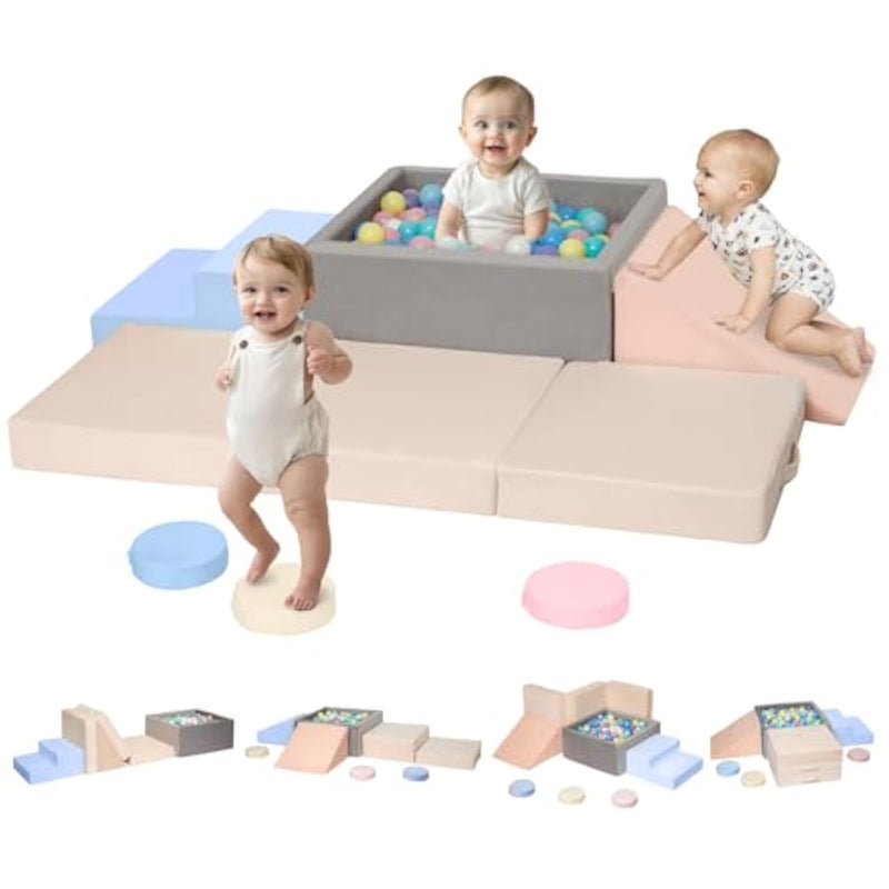 Climbing Toys For 1 Year Old, Baby Foam Climbing Blocks With Large Ball Pit For Toddlers, 7-Piece Soft Play Set, Indoor Climber Crawl Activity Play, Birthday (Balls Not Included)