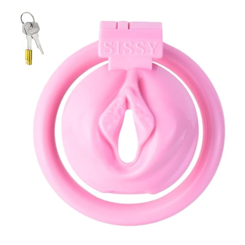 Fake Woman Vagina Chastity Cage Lock With 4 Cock Rings Sissy Resin Cock Cages Adults Sex Toys With Labia Male Sm Extreme Bondage Devices (Pink)