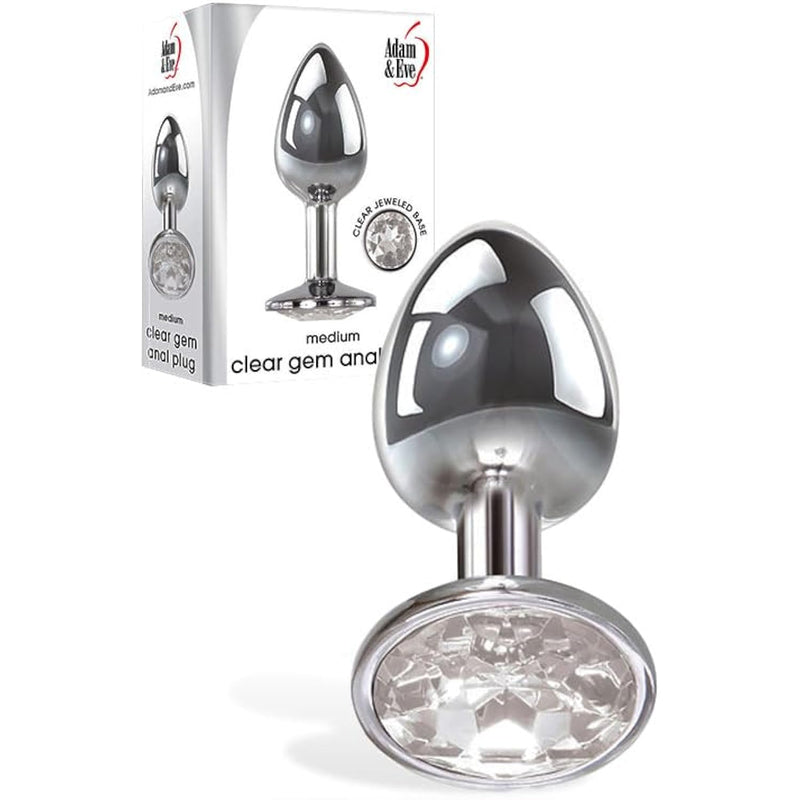 Gem Medium Anal Plug, Metal Butt Plug For Women & Men, Tapered Trainer For Beginners & Advanced, Weighted Aluminum Plug For Temperature Play, Safety Flared Base, Velvet Bag, Clear, 3.25"
