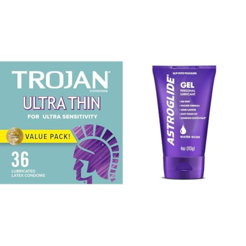 TROJAN Ultra Thin Condoms 36 Count with Astroglide Water Based Lube 4oz for Ultra Sensitivity and Long Lasting Pleasure