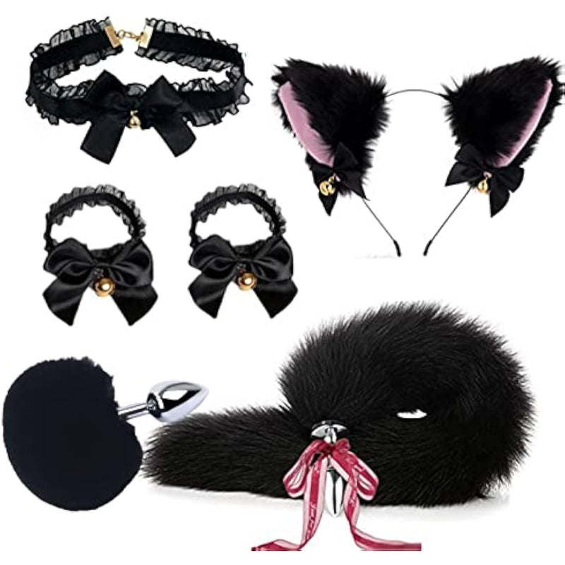 Anal Plug Butt Plug, 6Pcs/Set Sex Fox Tail Anales Plug Toys Butt Plugs With Cat Ears Headband And Necklace Metal Anal Sex Toys For Women Man Beginners Adult Couples