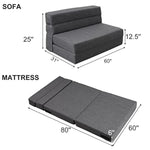 60" Fold Sofa Bed Couch Memory Foam With 2 Pillows Futon Sleeper Chair Guest Bed And Fold Out Couch, Washable Cover Queen Size, Dark Gray
