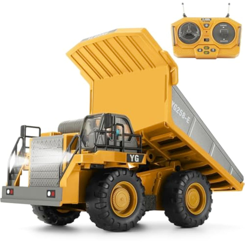 Remote Control Dump Truck, Rc Construction Vehicle For Kids With 9 Channel Metal Bed Light Sound & Rechargeable Battery, Electric Transport Garbage Truck Toy For Toddlers Boys Girls Age 6+