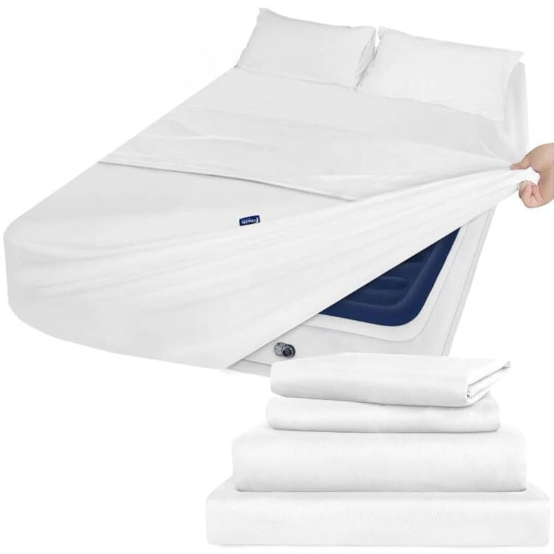 Extra Deep Pocket Air Mattress Twin Sheet Set White - 4 Piece Set Side Storage