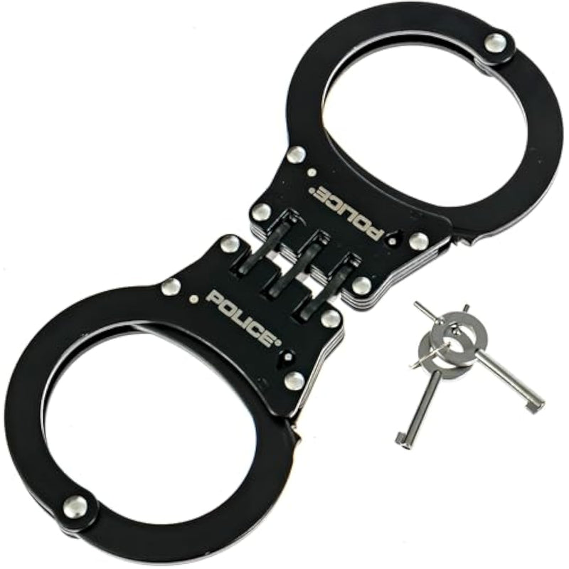 Handcuffs – Heavy Duty Police Grade Professional Steel Hand Cuffs, Hinged Double Lock Metal Black Finish for Security & Personal Safety