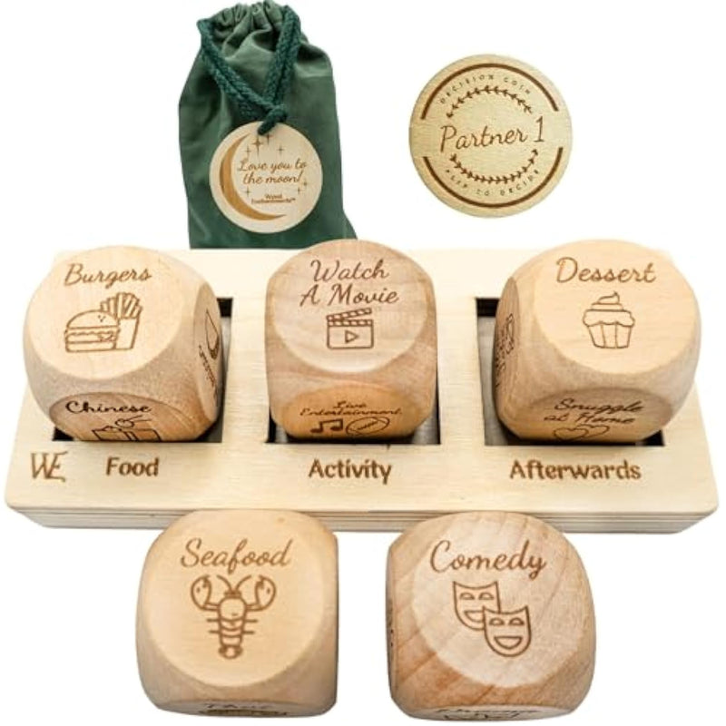 Deluxe Date Night Dice Game - Fun Romantic Couples Gift - 5 Dice, Decision Coin, Board & Carry Bag For Bachelorette, Anniversary, Wedding, Bridal Shower - Girlfriend Wife Husband Him Her Anniversaries