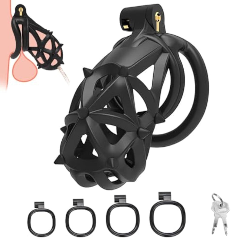 Male Chastity Device Cock Cage Tease Resin Chastity Locked Penis Cage With Removable Soft Silicone Spikes 4 Different Size Rings For Penis Exercise (Long)