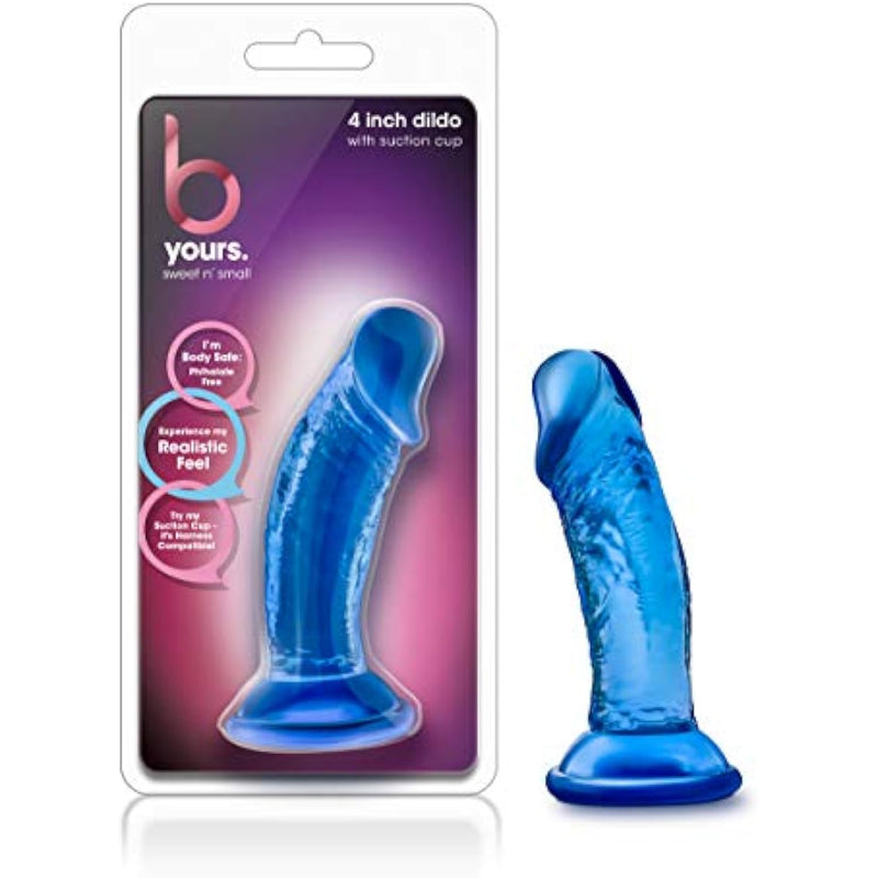 Blush Adult Sex Toys - B Yours, Sweet N Small Realistic 4.5 Inch Short Dildo - 1.25 Inch Wide Strap On Ready Suction Cup - Body Safe, Non Porous Soft - Pegging, Anal - Women Men Couples - Clear Blue