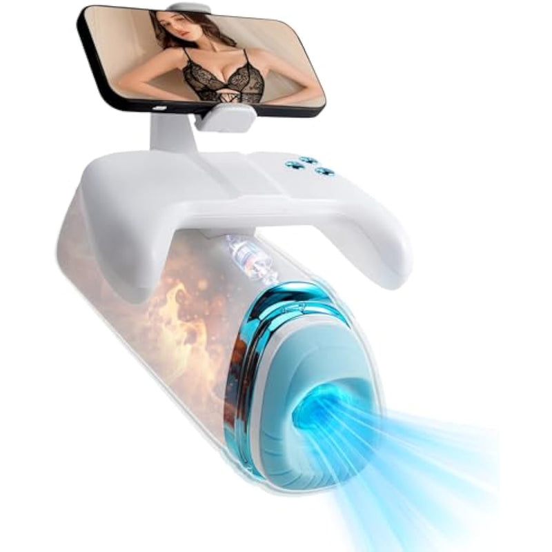 Automatic Male Masturbator Penis Pump Mens Stroker Vibrator With 3D Realistic Textured 7 Thrusting & Vibrating Modes Phone Holder Handy Handle Heating Adult Sex Toys (White)