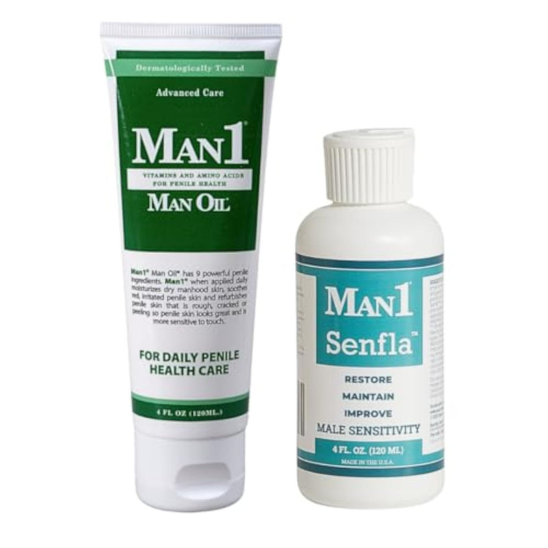 2 Full Sized Lotions. Vitamin Enriched Man1 Moisturizes Penile Skin. Senfla Enhances Below-The-Belt Sensation