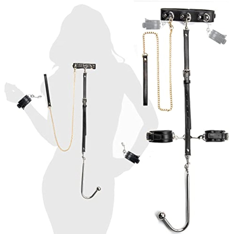 Sex Bondage Bdsm Kit With Anal Hook And Ball, 3-In-1 Adjustable Collar Binding Leather Binding Set Binding Set, Including Anal Hook, Traction Chain Handcuffs, Chain Binding Band Neutral Sm Sex Toys