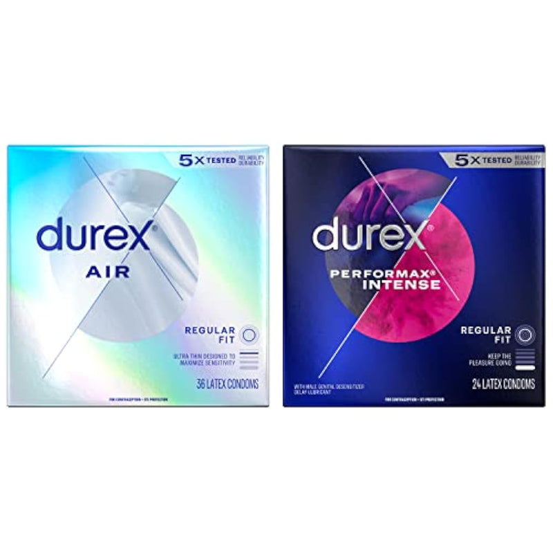 Durex Air Condoms Extra Thin, Transparent Natural Rubber Latex Condoms with Condoms, Ultra Fine, Ribbed, Dotted with Delay Lubricant, Durex Performax Intense Natural Rubber Latex Condoms