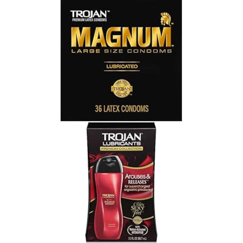 Bundle Of Magnum Lubricated Large Condoms, Comfortable And Smooth Lubricated Condoms For Men, America’S Number One Condom, 36 Count Pack + Arouses & Releases Personal Lubricant, 3 Oz.