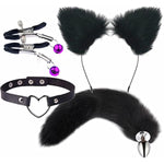 Anal Plug Butt Plug Adult Sensory Toys, 4Pcs/Set Fox Tail Anales Plug Toys With Cat Ears Headband And Necklace Metal Breast Clip Anal Sex Toys For Women Men Beginners Adult Couples Bondage, Black