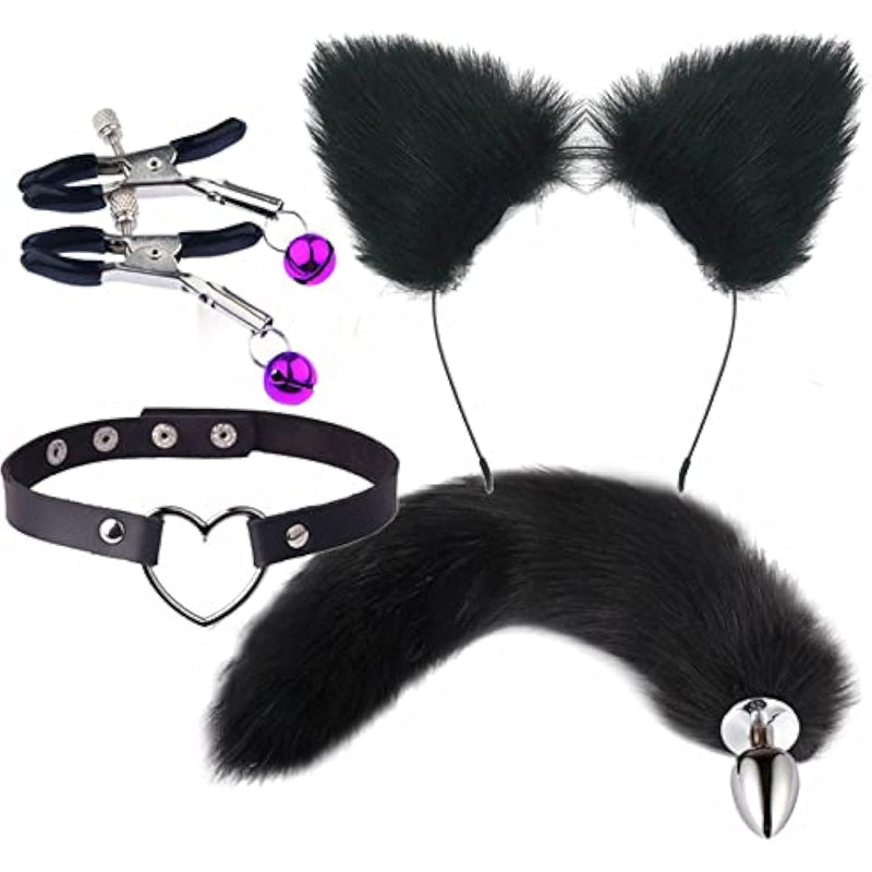 Anal Plug Butt Plug Adult Sensory Toys, 4Pcs/Set Fox Tail Anales Plug Toys With Cat Ears Headband And Necklace Metal Breast Clip Anal Sex Toys For Women Men Beginners Adult Couples Bondage, Black