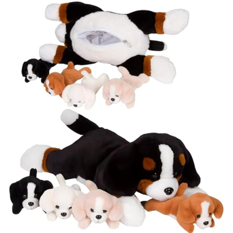 Dog Stuffed Animals - Bernese Mommy With 4 Puppies In Her Tummy - Huggable And Fluffy Dog Plushies For Imaginative Play - Plush Toys Suitable For Kids 3 Years Old And Above - 5" X 10" X 8"