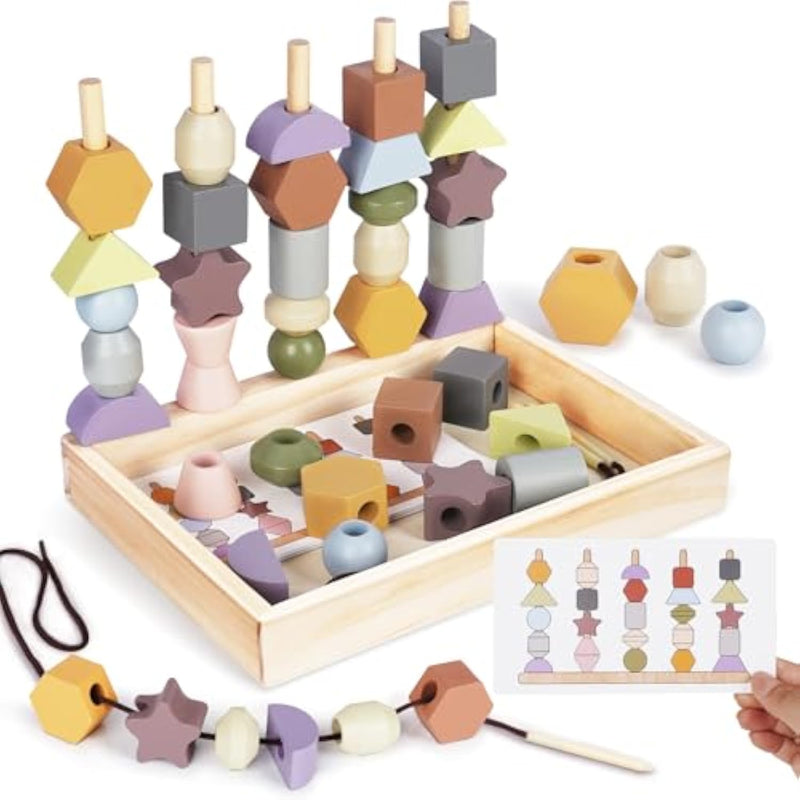 Montessori Toys For 3 Year Old - Wooden Lacing Beads & Stacking Blocks Toys For 3 4 5 Year Old Girl Boy Easter Birthday Gifts, Preschool Learning Activities With Beads Sequencing Set For Kids Age 3+
