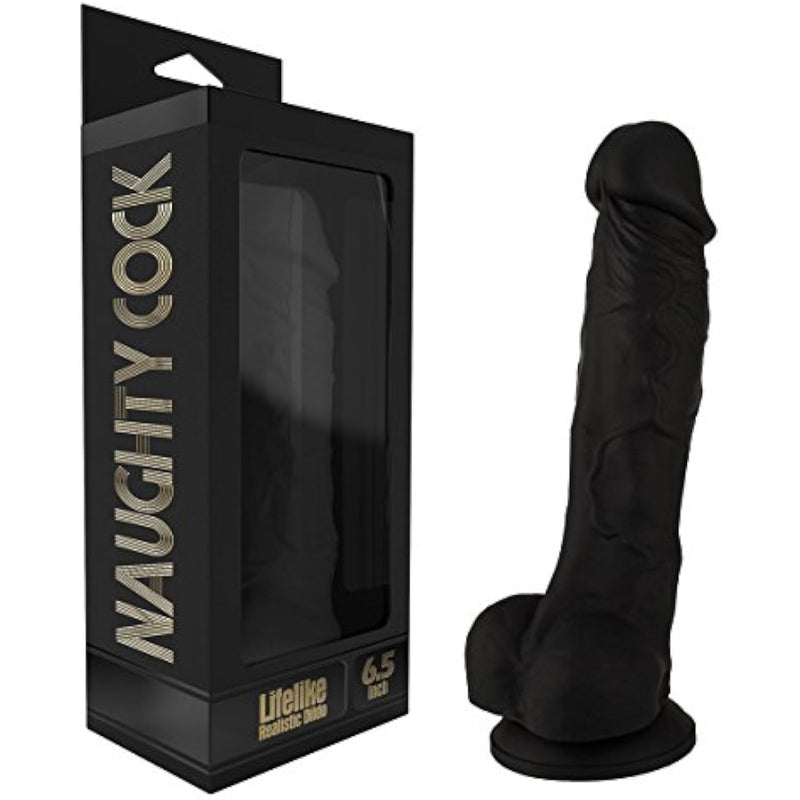 Naughty Realistic Silicone Dildo With Suction Cup, Adult Sex Toy, Beginner, Black, 6.5"